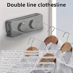 Uitschuifbare Waslijn - 5.1 meter Roestvrij Staal, Dubbele Lijn voor Binnen/Buiten voor Balkon & Huurkamers, Waslijnen — thumbnail 3