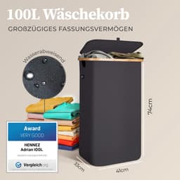 HENNEZ Wasmand met deksel van 100L opvouwbaar met bamboe frame - inclusief waszak - antraciet — thumbnail 4