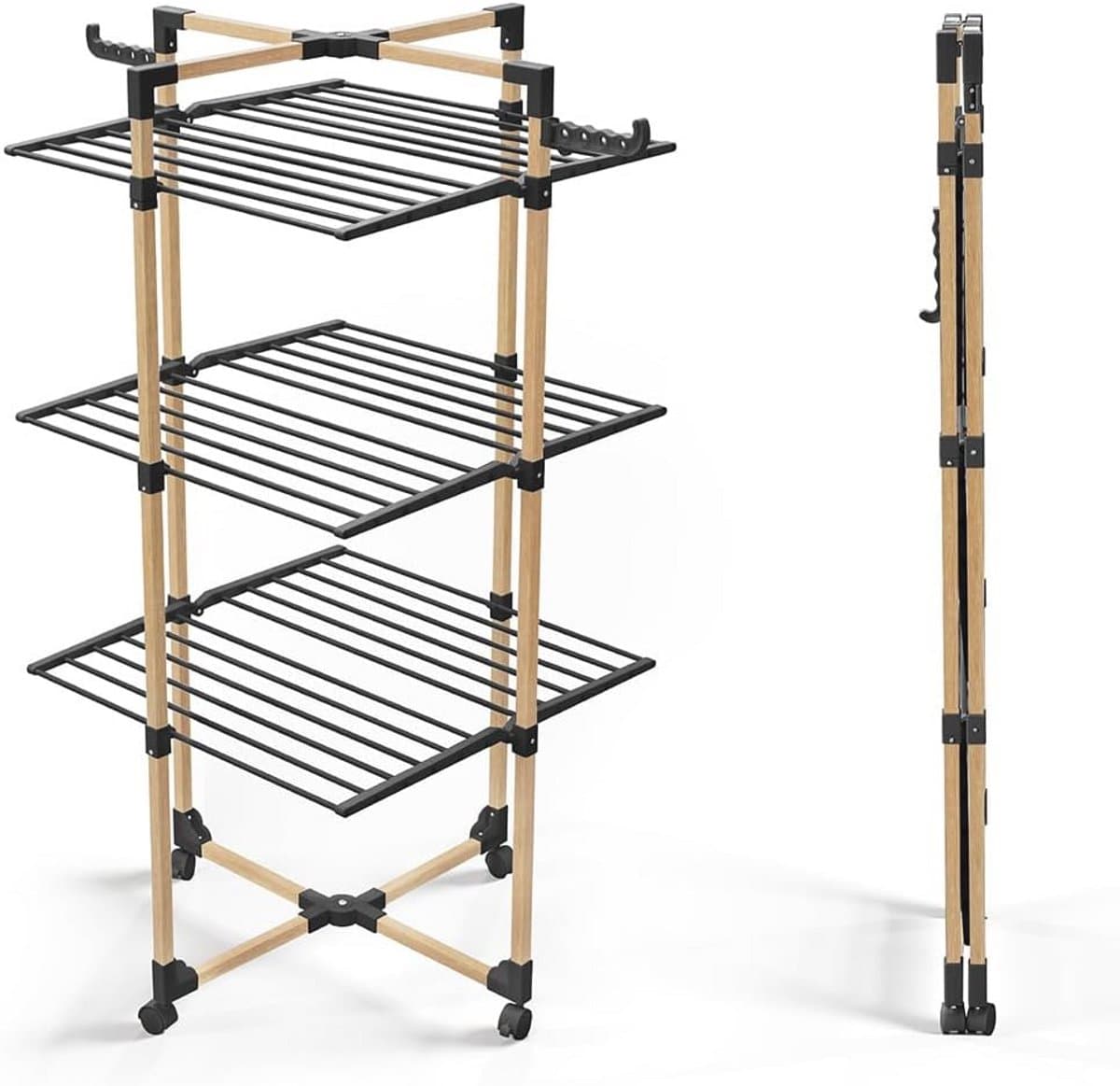 Folding Drying Rack 3 Levels Laundry Rack Large Capacity 25 m Drying Rack with 4 Wheels 2 Side Wings for Indoor and Outdoor Use Black — afbeelding 1