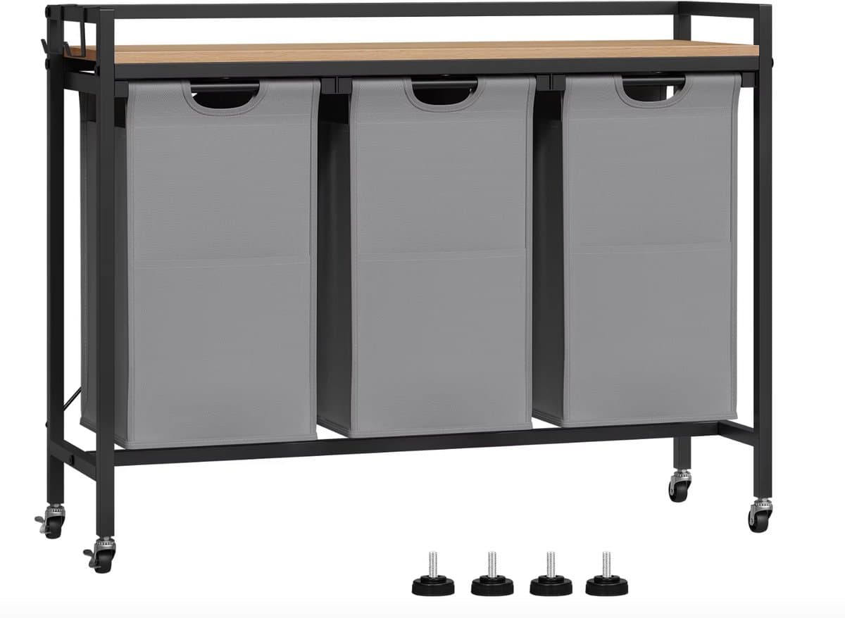 J&R Wasmand kastje - Wasmand met 3 vakken - Wassorteerder - Wasmand tafel - Waszak - Badkamerkast - Wasmand meubel - Wasmand rek - Light oak - Zwart metaal — afbeelding 1