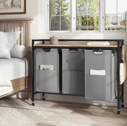 J&R Wasmand kastje - Wasmand met 3 vakken - Wassorteerder - Wasmand tafel - Waszak - Badkamerkast - Wasmand meubel - Wasmand rek - Light oak - Zwart metaal — thumbnail 4