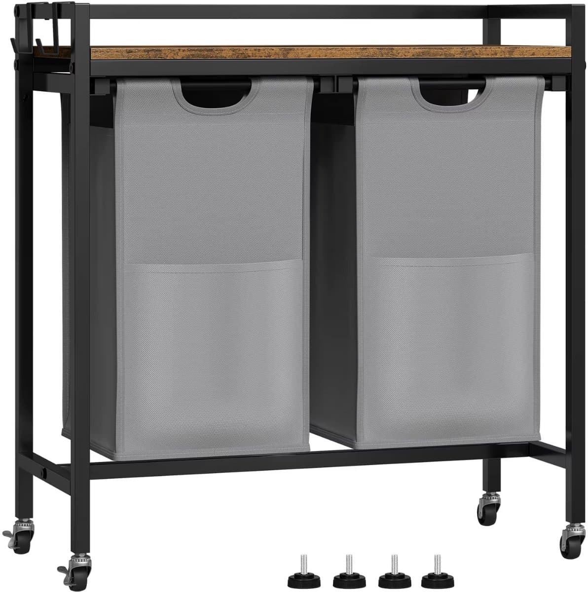J&R Wasmand kastje - Wasmand met 2 vakken - Wassorteerder - Wasmand tafel - Waszak - Badkamerkast - Wasmand meubel - Wasmand rek - Dark brown - Zwart metaal — afbeelding 1