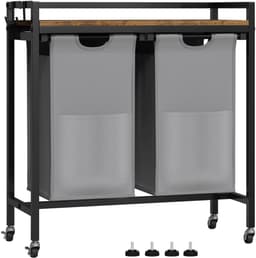J&R Wasmand kastje - Wasmand met 2 vakken - Wassorteerder - Wasmand tafel - Waszak - Badkamerkast - Wasmand meubel - Wasmand rek - Dark brown - Zwart metaal — thumbnail 1