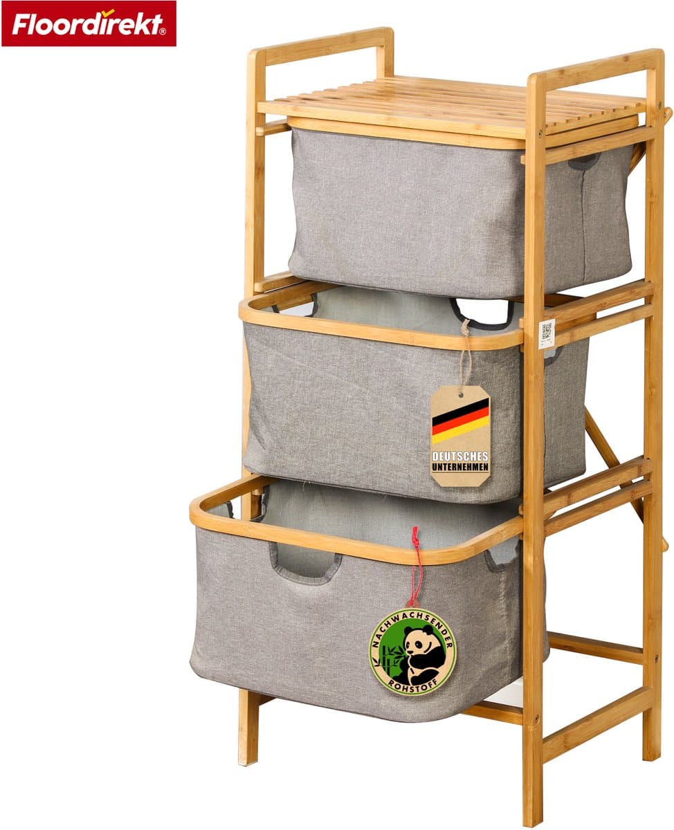 FLOORDIREKT Wasmand Missouri - Bamboe Wasverzamelaar - Met 3 Vakken - Voor Vuile Was - Houten Wassorteerder Met Wasbox - Grijs & Bamboe-Kleuren — afbeelding 1