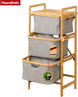 FLOORDIREKT Wasmand Missouri - Bamboe Wasverzamelaar - Met 3 Vakken - Voor Vuile Was - Houten Wassorteerder Met Wasbox - Grijs & Bamboe-Kleuren — thumbnail 1