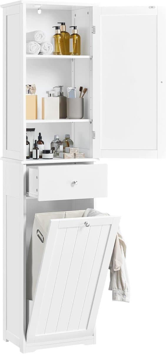 Hoge badkamerkast met wasmand en lade - Ruimtebesparende staande kast voor badkamer — afbeelding 1