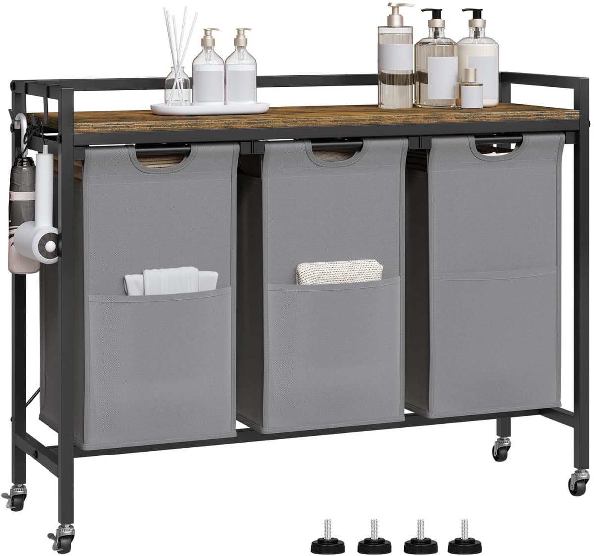 Varnox Wasmand kastje - Wasmandkastje - Tafel met wasmand - Wasmand met 3 vakken - Wassorteerder - Wasmand tafel - Badkamerkast - Wasmand meubel - Waszak - Wasmand rek - Dark oak - Op wielen - Zwart metaal — afbeelding 1