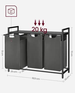 VASAGLE Wasmand 3 vakken, wasverzamelaar met plank, wasbox, waszak van oxford stof uitneembaar, metalen frame, 3 x 38 L, 92,5 x 33 x 72 cm, zwart-grijs — thumbnail 2