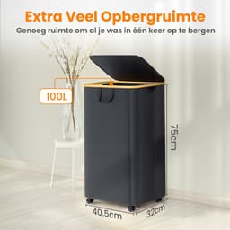 Posity Wasmand op Wielen – 100 Liter – Opvouwbaar – Wasmand Stof - Laundry Basket - Met Deksel & Handvaten - Bamboe - Incl. Waszak - Zwart — thumbnail 3
