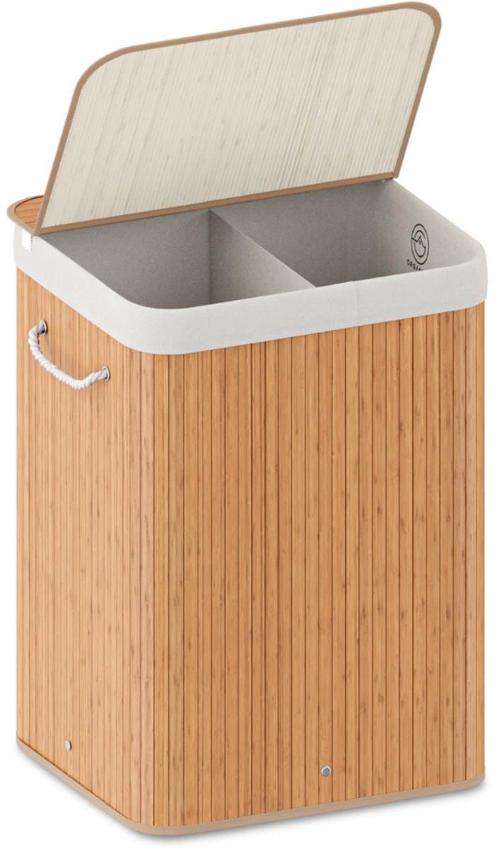 Organess wasmand 2 vakken - Wassorteerder - Wasmand met deksel - Opvouwbaar - 100L - Bamboe — afbeelding 1
