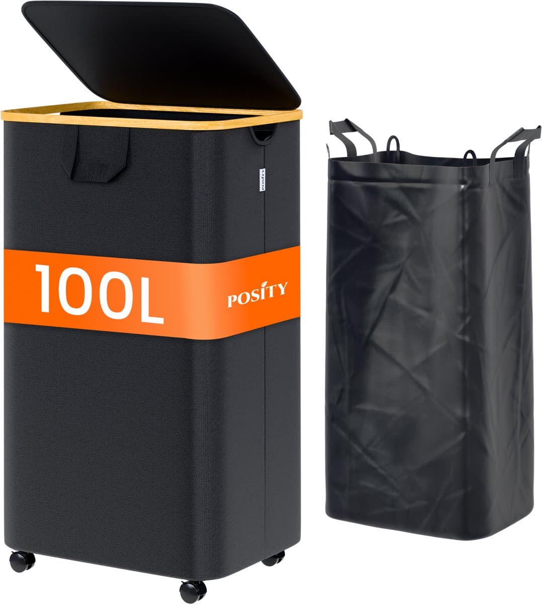 Posity Wasmand op Wielen – 100 Liter – Opvouwbaar – Wasmand Stof - Laundry Basket - Met Deksel & Handvaten - Bamboe - Incl. Waszak - Zwart — afbeelding 1