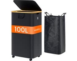 Posity Wasmand op Wielen – 100 Liter – Opvouwbaar – Wasmand Stof - Laundry Basket - Met Deksel & Handvaten - Bamboe - Incl. Waszak - Zwart — afbeelding 1