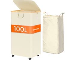 Posity Wasmand op Wielen – 100 Liter – Opvouwbaar – Met Deksel & Handvaten – Wasmand Stof - Bamboe - Laundry Basket - Incl. Waszak - Beige — afbeelding 1