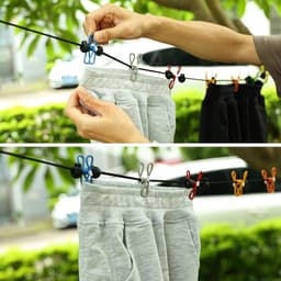 1 stuks - Elastische waslijn - Kampeerwaslijn - Reis waslijn - Waslijn - draagbare kampeer waslijn - met 12 wasknijpers - kampeeraccessoires - reiswaslijn voor buiten en binnen - met 1 canvas tassen - elastische waslijn voor campers en hotelkamers — thumbnail 3