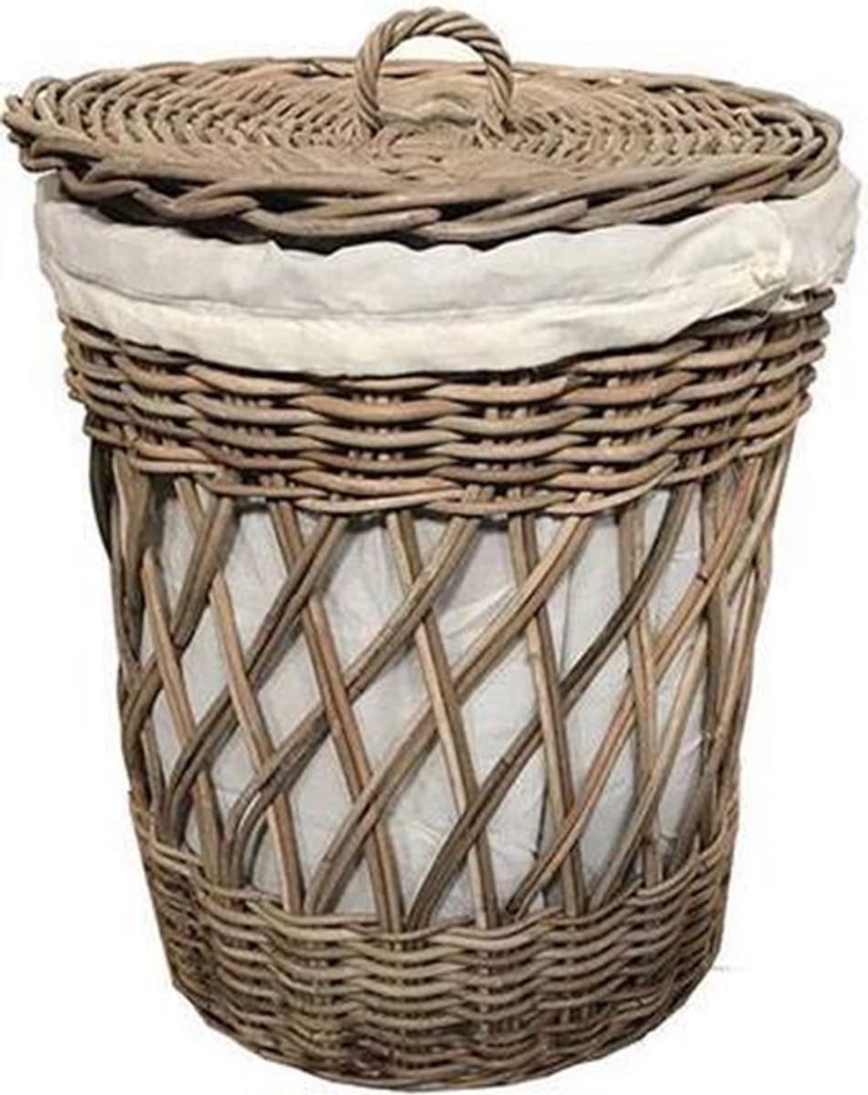 Wasmand Riet met Linnen Binnenhoes - Naturel & Wit - Ø50 x H60 cm - Landelijke Stijl - Rieten wasmand maat L - Decoshoppen.nl — afbeelding 1