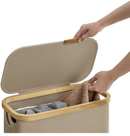 Vedder House - Wasmand - Wasmand met deksel - Beige - 65 liter - Smal - Opvouwbaar - Verwijderbare waszak — thumbnail 5