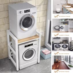 Verstelbare Hoogte Drum Wasmachine Kast Opbergrek voor Wasmachine en Droger in Wasruimte en B Ruimtebesparend Zwart Rek met Walnoot Board — thumbnail 5