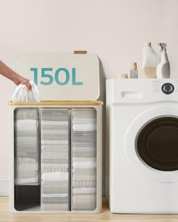SONGMICS LCB515W01 Wasmand met 3 vakken, 150 liter, wasmand met opvouwbaar deksel, afneembare waszak, oxfordstof, handgrepen van bamboe, opvouwbaar, 60 x 38,5 x 70,5 cm, crèmewit — thumbnail 2