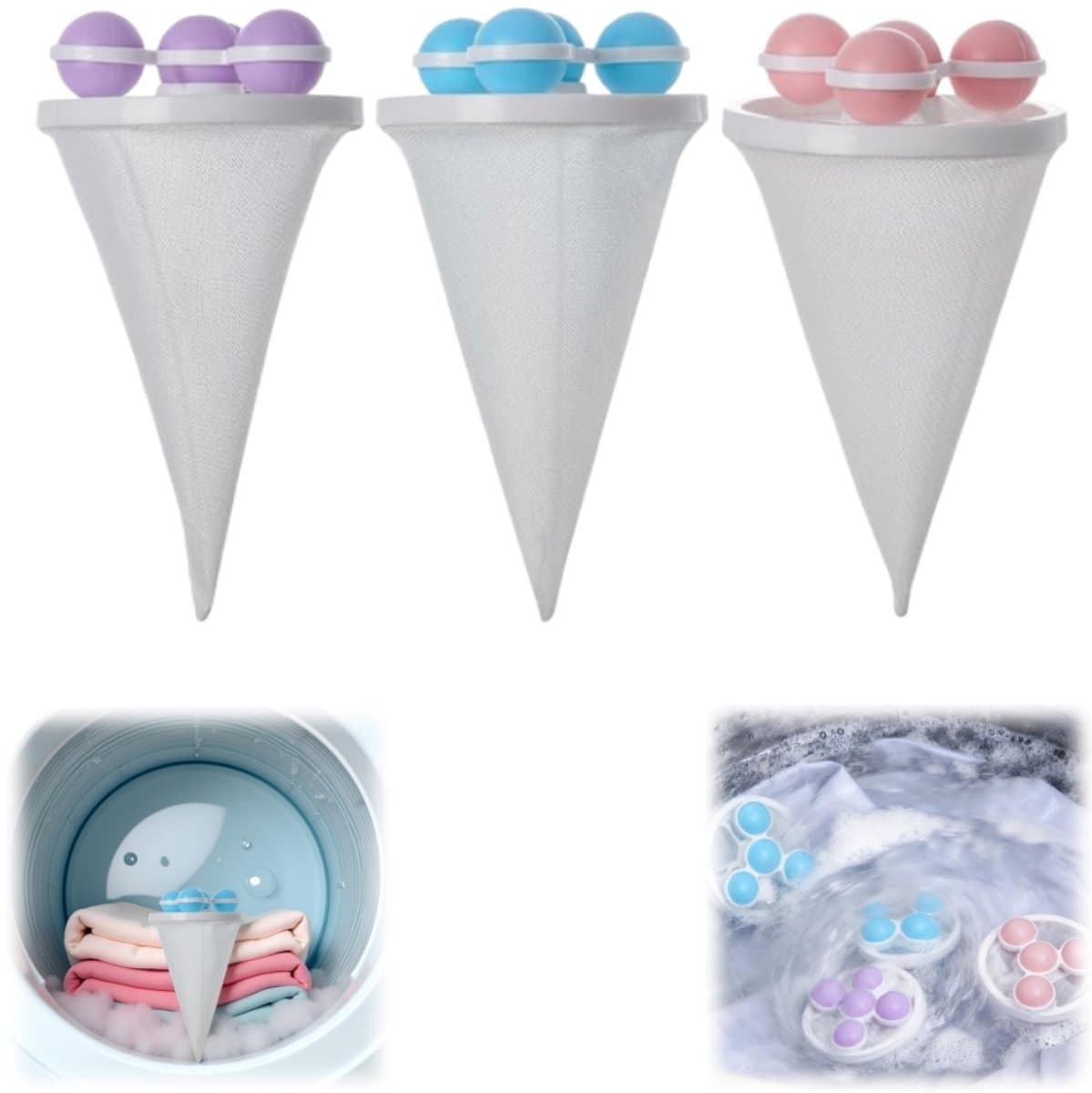 3 stuks - Huisdierhaarverzamelaar - Wasmachinefilter -Wasmachine pluizenfilter - Wasmachine filterzak - Drijvend haarfilter - Herbruikbaar - Blauw, Roze, Paars - Geschikt voor het reinigen van wasmachineresten - 9,2*9,2*17,5 cm — afbeelding 1
