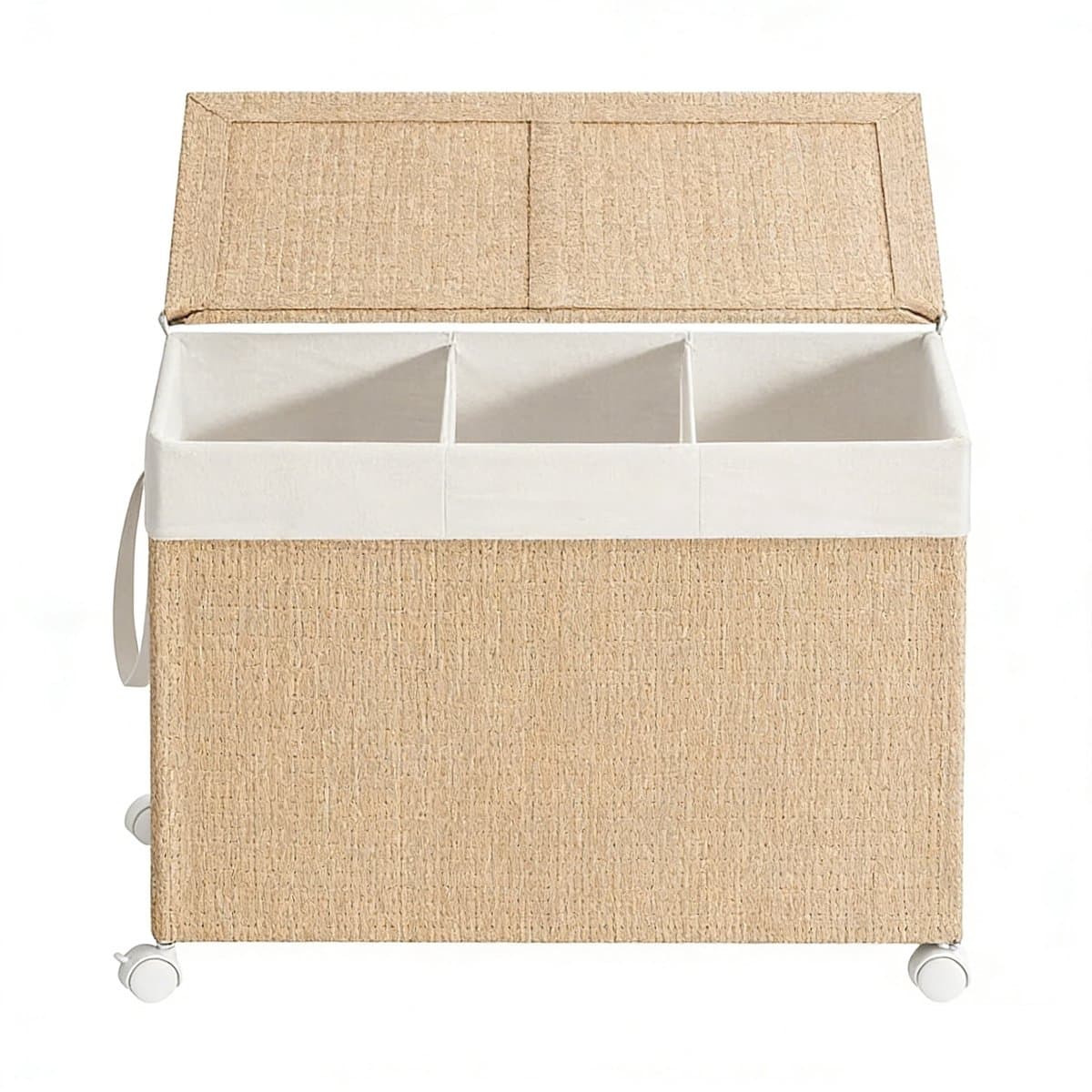 Drie-vaks grote wasmand, opbergmand, vuilewasmand 66,5×37,5×65 cm naturel, rotan-design, met deksel en afneembare binnenzak, wielen met rem, 140L grote capaciteit, voor huishoudelijk gebruik — afbeelding 1