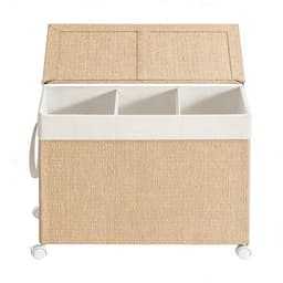 Drie-vaks grote wasmand, opbergmand, vuilewasmand 66,5×37,5×65 cm naturel, rotan-design, met deksel en afneembare binnenzak, wielen met rem, 140L grote capaciteit, voor huishoudelijk gebruik — thumbnail 1