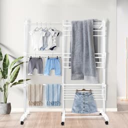 Droogrek-Wasrek-Kledingdroogrek met3 Niveaus-Uitschuifbare Wasdroogrek met Verstelbare Hoogte (75-142,5 cm)-Vrijstaand Zwaar Metaal Frame-Met wielen-(Zwart + Licht Wit) — thumbnail 5