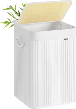 SONGMICS Wasmand, 95 L wasmand met deksel, bamboe wasbox met handgrepen, opvouwbaar, afneembare waszak, machinewasbaar, wasruimte, wit LCB060W01 — thumbnail 1