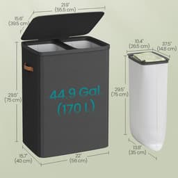 Grote Wasmand 170L – 2-vaks Wassorteerder – Met Deksel & Afneembare Binnenzakken - Zwart - 56x40x75 cm — thumbnail 2