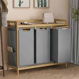Bealife AP111 Wasmand - Stoffen Sorteermand met 3 vakken van bamboe - 125 liter - Met 3 zakken en opbergzijvak - 78 x 94 x 33 cm (HxBxD) — thumbnail 1