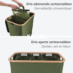 KROMS Wasmand 3 vakken - Olijfgroen - 160L - Extra groot model - Inclusief NL & EN Labels – Wassorteerder bamboe - Laundry basket - Wasmand met deksel - Opvouwbaar - 160L — thumbnail 4