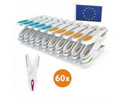 LaundrySpecialist Wasknijpers soft grip - Wit/multicolor - 60 stuks - extra lang en stevig - wasknijpers plastic - wasknijpers kunststof - gekleurde knijpers - Made in EU