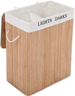 Wasmand Vuile wasmand met deksel, uitneembare voering, katoenen handgrepen en 2 vakken, 100 liter opslagcapaciteit, geschikt voor wasruimte en slaapkamer, 51,5 x 31,5 x 60,5 cm,naturel — thumbnail 1