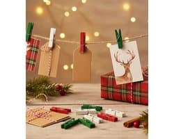 Mini Knijpers Kerst - 24 Houten Knijpertjes Kerstkleuren - Knijpertjes voor Kaarten