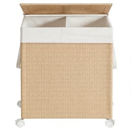 Dubbele wasmand met verdeler 46,5×37,5×65 cm 100L, met wielen, deksel, handvat en afneembare waszak, rotan-look, stevig en duurzaam, water- en verouderingsbestendig, geschikt voor wasruimte en badkamer — thumbnail 1