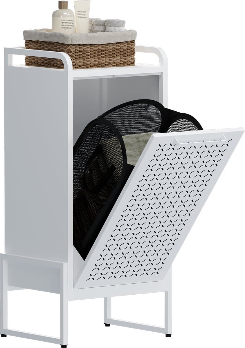 VEEHAUS® Tessi Wasmand - Luxe Wasverzamelmand – Wasbox – Ergonomisch Uitneembare Zak – Metalen Frame van Hoogwaardig Staal - 42 x 35 x 93 cm – Crème — afbeelding 1