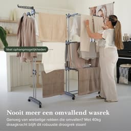 Jubbly® – Uitschuifbare Droogtoren – Inklapbaar Wasrek – Uitgerust met Wieltjes – 4 Verdiepingen – 35 meter Drooglengte – 40 kilo Draaggewicht – Wastoren Staand – Droogrek op Wielen - Grijs — thumbnail 5
