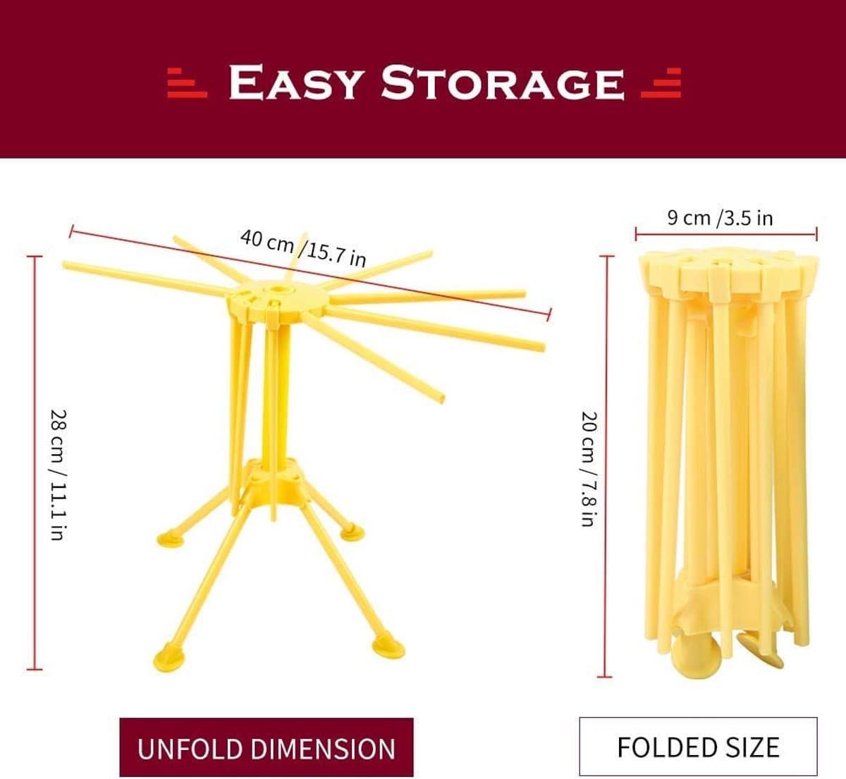 Opvouwbare pastadroger, pastadroger met 10 stangen, compact, eenvoudig op te bergen, snelle installatie, geel — afbeelding 1
