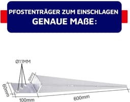 Aqbau® Set van 10 grondhulzen, paaldragers om in te slaan, L inslaghuls, thermisch verzinkt, bodemhulzen voor houten palen, inslaghuls l vorm 60 x 600 mm — thumbnail 3