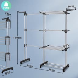 Jiubiaz Droogrek toren, wasrek uittrekbaar lengte 75-150 cm, wasrek ruimtebesparend, 4 etages met 2 inklapbare vleugels, 360 graden draaibare wielen, wastoren voor buiten en binnen — thumbnail 4