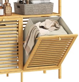Bamboe Wasmand - Wasmand - 2 Vakken - Wassorteerder - Bamboe Wasmeubel - 37L per Vak - Afneembare Zakken - 82 × 33 × 88 cm (l×b×h) — thumbnail 5