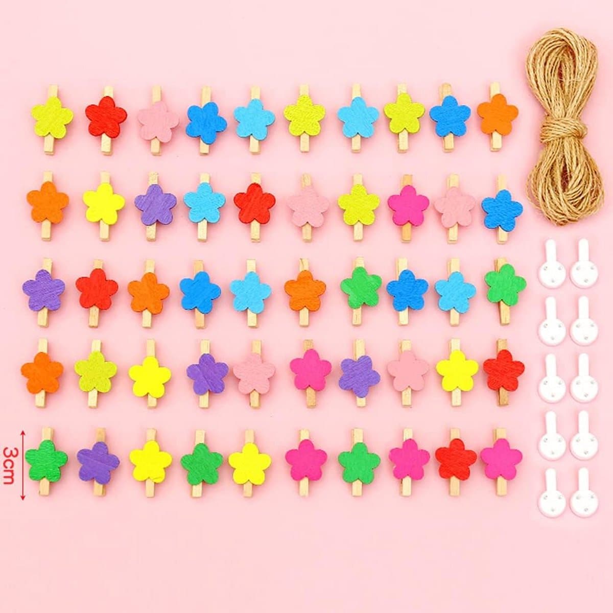 50 Mini Houten Wasknijpers met 10m Jute Koord - Decoratieve Ophangclips voor Foto's en Handwerk — afbeelding 1