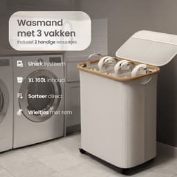 Wasmand 3 Vakken - Wassorteerder met Deksel - Wasbox op Wielen - 160L — thumbnail 2