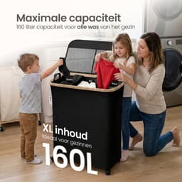 Wasmand 3 Vakken - Wassorteerder met Deksel - Wasbox op Wielen - 160L — thumbnail 3