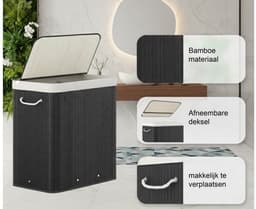 Wasmand, 150L, wasbox met deksel, wassorteermachine, van bamboe, met handvatten, 3 compartimenten, opvouwbaar, katoen, waszak machinewasbaar, wasruimte, Zwart — thumbnail 2