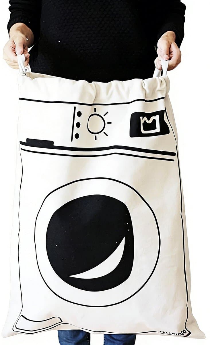 Waszak - Met Wasmachine Print - 60 x 80 cm - Grote waszak - Wasgoed Opbergtas met Trekkoord - Badkamer Was Zak - Laundry Bag - Reiswaszak - Waszakken voor wasgoed - Opbergtas - Waszakken - Wit/Zwart — afbeelding 1