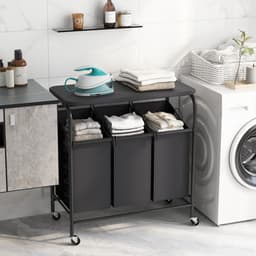 COSTWAY Wasmand met strijkplank, wasverzamelaar met 3 vakken en deksel, wassorteerwagen met wielen, wasbox uittrekbaar voor badkamer, bijkeuken, 80,5 x 41,5 x 87,5 cm — thumbnail 3