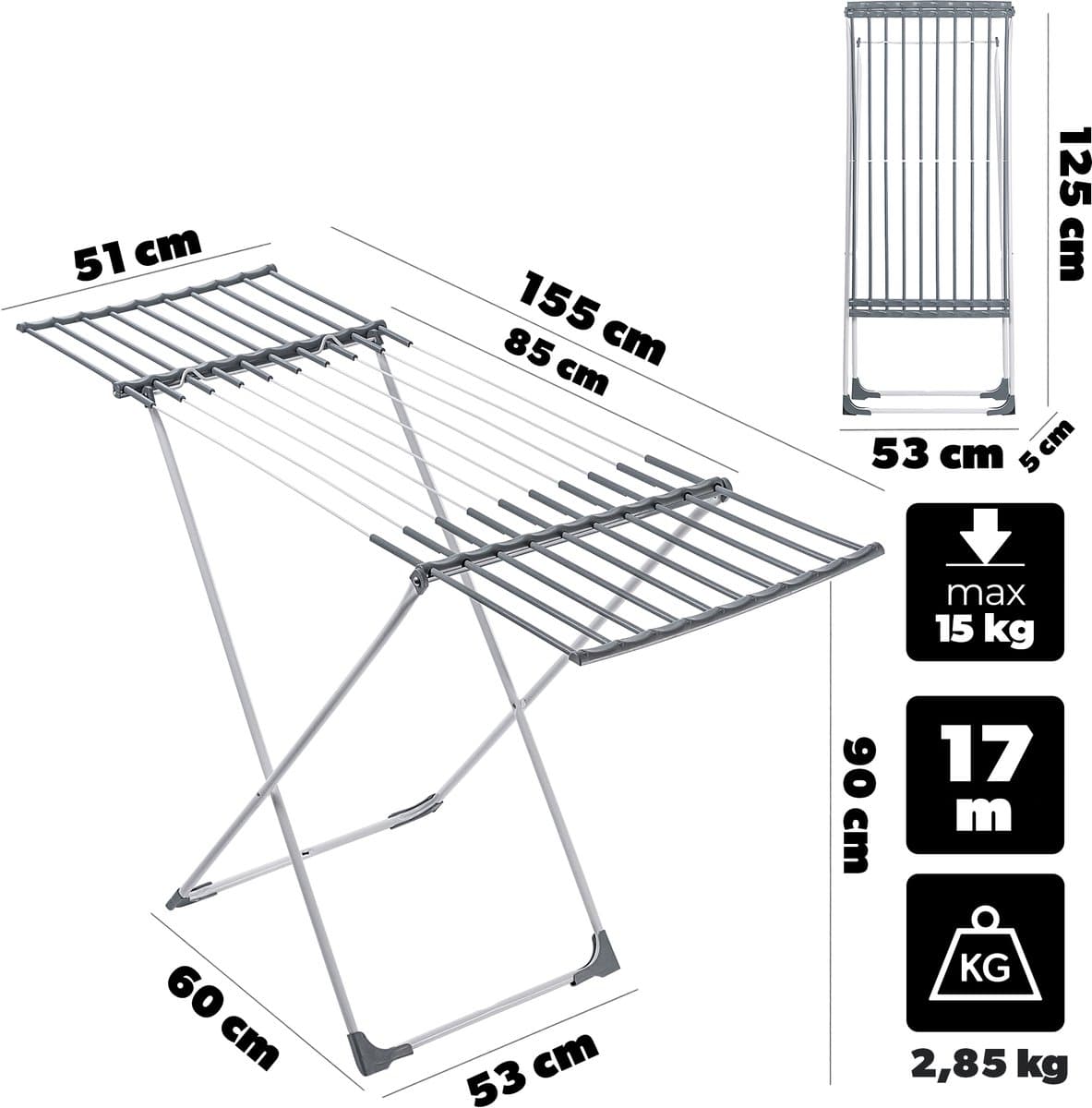 KADAX Uitschuifbaar droogrek met 17m droogoppervlak, Flexibele breedte van 85-155 cm, Groot droogrek voor binnen buiten (wit/grijs, 155 x 53 x 90 cm) — afbeelding 1