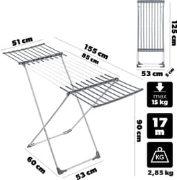 KADAX Uitschuifbaar droogrek met 17m droogoppervlak, Flexibele breedte van 85-155 cm, Groot droogrek voor binnen buiten (wit/grijs, 155 x 53 x 90 cm) — thumbnail 1