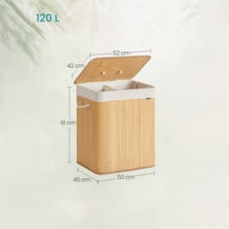 Dubbele compartiment wasmand opvouwbare opbergmand, 50x40x61cm naturel, 120L grote capaciteit, met deksel tegen stof en geurtjes, met afneembare en machinewasbare waszak en handgrepen, geschikt voor badkamer, slaapkamer of wasruimte — thumbnail 2