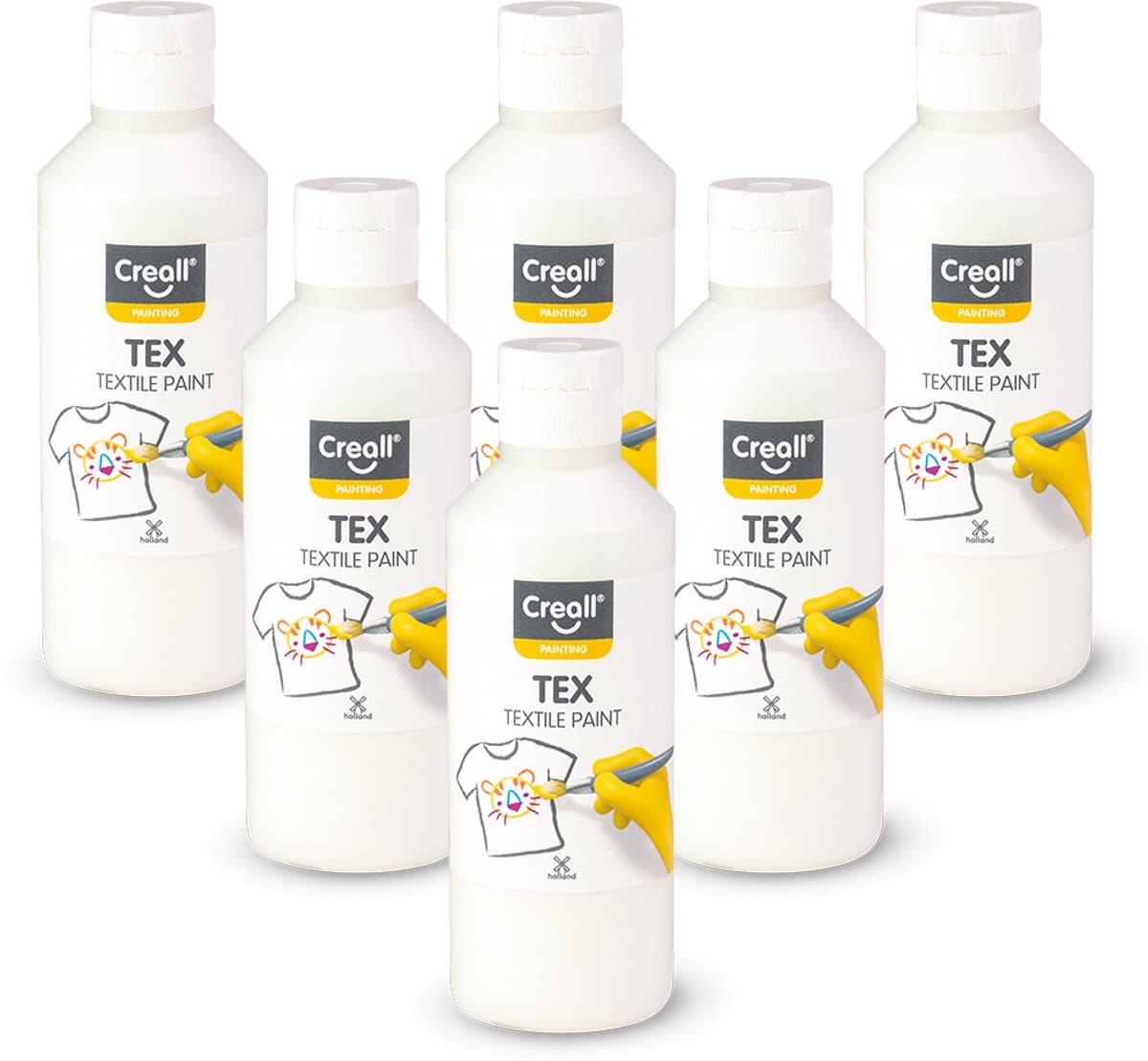 Creall Textiel- & Stoffenverf - Wit - 6 x 250 ml - Machine wasbaar na fixatie - Voor T-shirts, jeans, schoenen, stoffen tassen, meubels en auto-interieurs/hemelbekleding — afbeelding 1